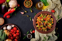 Hot Spicy Stew Caponata Eggplant, Zucchini, Sweet Pepper, Tomato, Carrot, Onion, Olives And Capers Royalty Free Stock Images