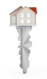 House model connected to the metal key. 3D illustration stock illustration House model connected to the metal key. 3D illustration stock illustration