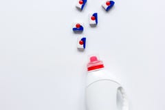 Housekeeping set with detergent plastic bottles in laundry top view stock images Housekeeping set with detergent plastic bottles in laundry top view stock images