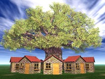Houses Under The Big Tree Royalty Free Stock Photo