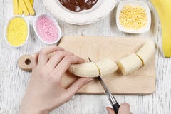 How To Make Chocolate Dipped Bananas - Step By Step, Tutorial Stock Photo How To Make Chocolate Dipped Bananas - Step By Step, Tutorial Stock Photo