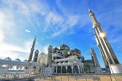 Floating Crystal Mosque or Masjid Kristal with minaret in Wan Man along Terengganu river nearby Kuala Terengganu, Malaysia