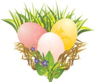 Huevos de Pascua, hierba, flores del resorte y mariquita ilustración del vector Huevos de Pascua, hierba, flores del resorte y mariquita ilustración del vector