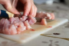 Huggen av köttlivsmedelsförädling i köket med kniven arkivbilder Huggen av köttlivsmedelsförädling i köket med kniven arkivbilder