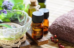 Huiles essentielles avec la lavande et les herbes Image libre de droits Huiles essentielles avec la lavande et les herbes Image libre de droits