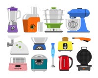 Huistoestellen die het materiaal van het keukenhuis en vlak stijlhuishouden koken die vastgestelde het malplaatjetechnologie koke royalty-vrije illustratie Huistoestellen die het materiaal van het keukenhuis en vlak stijlhuishouden koken die vastgestelde het malplaatjetechnologie koke royalty-vrije illustratie