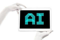 Human bionic hands holding electronic device on white background. Artificial intelligence futuristic concept stock photos Human bionic hands holding electronic device on white background. Artificial intelligence futuristic concept stock photos