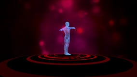 3D human avatar turning on virtual projection of red hud scape over black background with red bokeh flowing up.