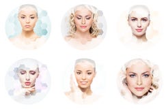 Human face in a collage. Young and healthy woman in plastic surgery, medicine, spa and face lifting concept collection. stock photos Human face in a collage. Young and healthy woman in plastic surgery, medicine, spa and face lifting concept collection. stock photos