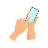 Human hand holding mobile phone and touching screen with finger. Digital device. Modern gadget. Flat vector icon. Human hand holding mobile phone and touching stock illustration Human hand holding mobile phone and touching screen with finger. Digital device. Modern gadget. Flat vector icon. Human hand holding mobile phone and touching stock illustration