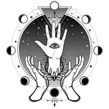 Human hands support a divine palm with an all-seeing eye. stock illustration Human hands support a divine palm with an all-seeing eye. stock illustration