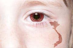 Human& x27;s face with national flag and map of vietnam. stock photo Human& x27;s face with national flag and map of vietnam. stock photo