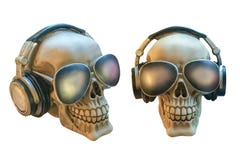 Human skulls with glasses and headphones isolated on white background
