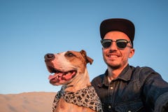 Human taking a selfie with dog on sandy beach. Happy young male royalty free stock photo Human taking a selfie with dog on sandy beach. Happy young male royalty free stock photo