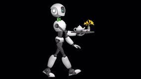 A humanoid robot waiter carries a tray of food and drinks. Looped 2D animation. Alpha channel. Isolated on transparent background.