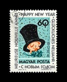 Happy New Year, pink pig with top hat big black hat and clover for Christmas, Hungary, circa 1963, stock photo Happy New Year, pink pig with top hat big black hat and clover for Christmas, Hungary, circa 1963, stock photo