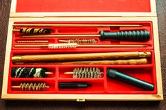 Hunting gun cleaning kit. Close up view royalty free stock photography Hunting gun cleaning kit. Close up view royalty free stock photography