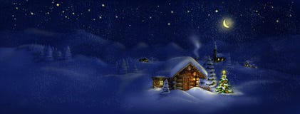 Hut, Christmas tree with lights, panorama landscape stock illustration Hut, Christmas tree with lights, panorama landscape stock illustration