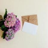 Hydrangea hortensia en post de envelop van kraftpapier met witte kaart op lichte achtergrond royalty-vrije stock foto's Hydrangea hortensia en post de envelop van kraftpapier met witte kaart op lichte achtergrond royalty-vrije stock foto's