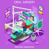Hygiène de dents d'implant dentaire et blanchiment du dentiste et du patient de centre de chirurgie orale Pièce isométrique plate illustration libre de droits Hygiène de dents d'implant dentaire et blanchiment du dentiste et du patient de centre de chirurgie orale Pièce isométrique plate illustration libre de droits