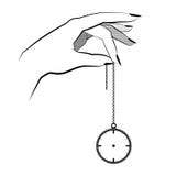 Hypnosis concept. hand hold on a chain pocket watch. mind control. vector illustration flat design. isolated on background. stock illustration Hypnosis concept. hand hold on a chain pocket watch. mind control. vector illustration flat design. isolated on background. stock illustration