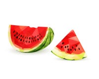 Hälfte und Stück der saftigen Wassermelone in der niedrigen Polyart, lokalisiert auf weißem Hintergrund stock abbildung Hälfte und Stück der saftigen Wassermelone in der niedrigen Polyart, lokalisiert auf weißem Hintergrund stock abbildung