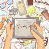 Händer av den grafiska formgivaren med nålen och minnestavlan Hand dragit kreativitetbegrepp stock illustrationer Händer av den grafiska formgivaren med nålen och minnestavlan Hand dragit kreativitetbegrepp stock illustrationer