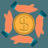 Händer skyddar ett guld- dollarmynt royaltyfri illustrationer Händer skyddar ett guld- dollarmynt royaltyfri illustrationer