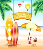 Hängande bågtecken för sommar som surfar på stranden med surfingbrädor royaltyfri illustrationer Hängande bågtecken för sommar som surfar på stranden med surfingbrädor royaltyfri illustrationer