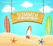 Hängande sommar som surfar tecknet med färgrika surfingbrädor och sjöstjärnan vektor illustrationer Hängande sommar som surfar tecknet med färgrika surfingbrädor och sjöstjärnan vektor illustrationer