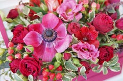 Härlig blom- ordning av röda, rosa och burgundy blommor i en rosa träask royaltyfria foton Härlig blom- ordning av röda, rosa och burgundy blommor i en rosa träask royaltyfria foton