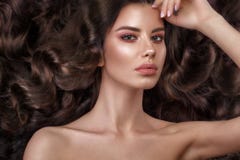 Härlig brunettmodell: krullning, klassisk makeup och fulla kanter Skönhetframsidan fotografering för bildbyråer Härlig brunettmodell: krullning, klassisk makeup och fulla kanter Skönhetframsidan fotografering för bildbyråer