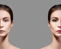 Härlig makeup för ung kvinna före och efter Jämförelsestående av två delar av framsidan Flicka med och osminkat royaltyfria foton Härlig makeup för ung kvinna före och efter Jämförelsestående av två delar av framsidan Flicka med och osminkat royaltyfria foton