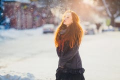 Härlig redhairflicka för stående i frostigt vinterväder fotografering för bildbyråer Härlig redhairflicka för stående i frostigt vinterväder fotografering för bildbyråer