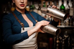 Härlig sexig kvinnlig bartenderdanandecoctail i shaker arkivbilder Härlig sexig kvinnlig bartenderdanandecoctail i shaker arkivbilder