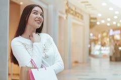 Härlig shopping för ung kvinna på den lokala gallerian arkivbild Härlig shopping för ung kvinna på den lokala gallerian arkivbild