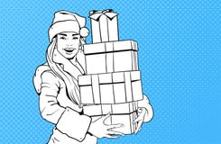 Härliga flickakläder Santa Costume Hold Gift Box, glad jul och pop Art Style för begrepp för lyckligt nytt år Retro royaltyfri illustrationer Härliga flickakläder Santa Costume Hold Gift Box, glad jul och pop Art Style för begrepp för lyckligt nytt år Retro royaltyfri illustrationer