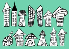 Häuser und Gebäudekarikaturikone vector Illustration, die Haupthand, die in Schwarzweiss gezeichnet wird stock abbildung Häuser und Gebäudekarikaturikone vector Illustration, die Haupthand, die in Schwarzweiss gezeichnet wird stock abbildung