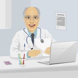Hållande medicinskt recept för manlig hög doktor som i regeringsställning sitter med bärbara datorn royaltyfri illustrationer Hållande medicinskt recept för manlig hög doktor som i regeringsställning sitter med bärbara datorn royaltyfri illustrationer