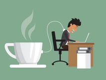 Hårt arbete för affärsman med behov en makt som laddar från kaffe vektor illustrationer Hårt arbete för affärsman med behov en makt som laddar från kaffe vektor illustrationer