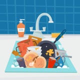 Húndase con artículos de cocina y los platos sucios, utencil y esponja ilustración del vector Húndase con artículos de cocina y los platos sucios, utencil y esponja ilustración del vector