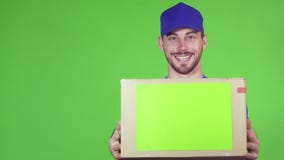 Hübscher Berufslieferbote, der heraus Paket zur Kamera hält stock video Hübscher Berufslieferbote, der heraus Paket zur Kamera hält stock video