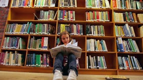 Hübscher Student, der auf Bodenlesebuch in der Bibliothek sitzt stock video footage Hübscher Student, der auf Bodenlesebuch in der Bibliothek sitzt stock video footage