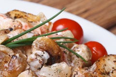 Hühnerleiste mit Pilzen und Soßenmakro stockfoto Hühnerleiste mit Pilzen und Soßenmakro stockfoto