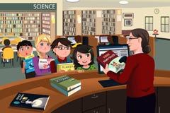 I bambini che verificano prenota nella biblioteca illustrazione vettoriale I bambini che verificano prenota nella biblioteca illustrazione vettoriale