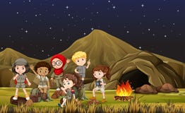 I bambini nel safari costume il campeggio fuori dalla caverna illustrazione vettoriale I bambini nel safari costume il campeggio fuori dalla caverna illustrazione vettoriale