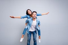 I believe I can fly. Love story of attractive, funny, cheerful c royalty free stock photography I believe I can fly. Love story of attractive, funny, cheerful c royalty free stock photography