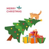 I climbes del gatto sull'albero di Natale e si siede su Accogliendo iscrizione decorata con il vischio dell'agrifoglio L'albero illustrazione vettoriale I climbes del gatto sull'albero di Natale e si siede su Accogliendo iscrizione decorata con il vischio dell'agrifoglio L'albero illustrazione vettoriale