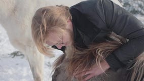 I colpi dell'uomo mettono la museruola al piccolo cavallino adorabile ad una fine del ranch su Concetto dell'allevamento di caval stock footage I colpi dell'uomo mettono la museruola al piccolo cavallino adorabile ad una fine del ranch su Concetto dell'allevamento di caval stock footage