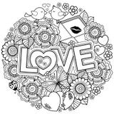 I love you. Rounder frame made of flowers, butterflies, birds kissing and the word love. Stock Photography I love you. Rounder frame made of flowers, butterflies, birds kissing and the word love. Stock Photography
